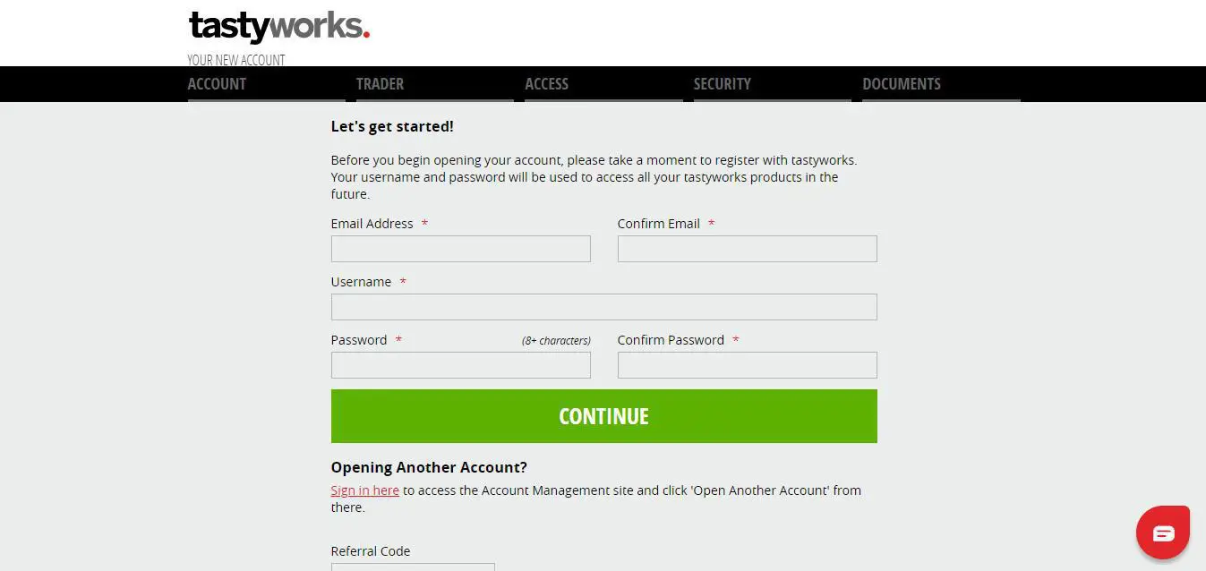 Open account in Tastyworks